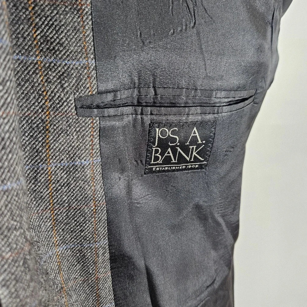 JOS A BANK Men's Sport Coat Blazer Two Button Gray Flannel Plaid Wool 46R